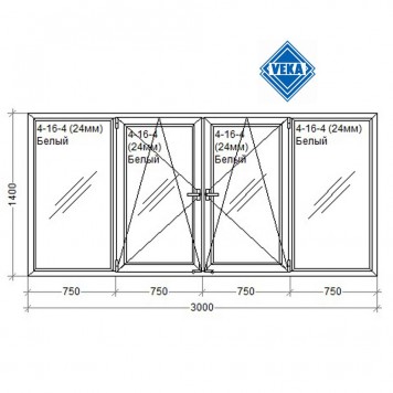 Балконная рама. Прямой балкон 2 створки поворотно-откидные 1 кам.